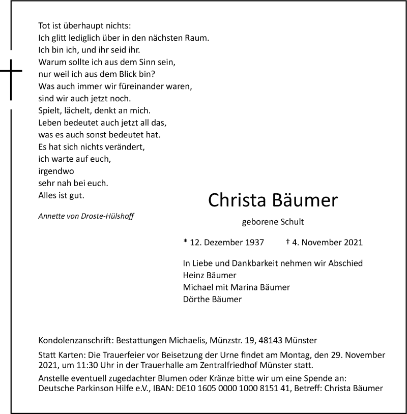  Traueranzeige für Christa Bäumer vom 20.11.2021 aus 