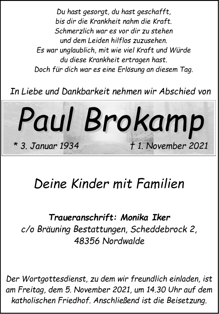  Traueranzeige für Paul Brokamp vom 04.11.2021 aus 