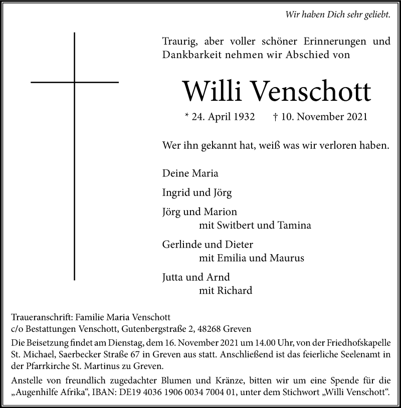  Traueranzeige für Willi Venschott vom 13.11.2021 aus 