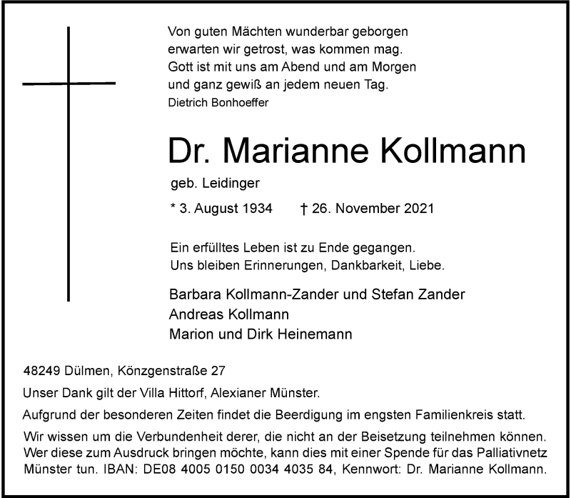  Traueranzeige für Marianne Kollmann vom 30.11.2021 aus 