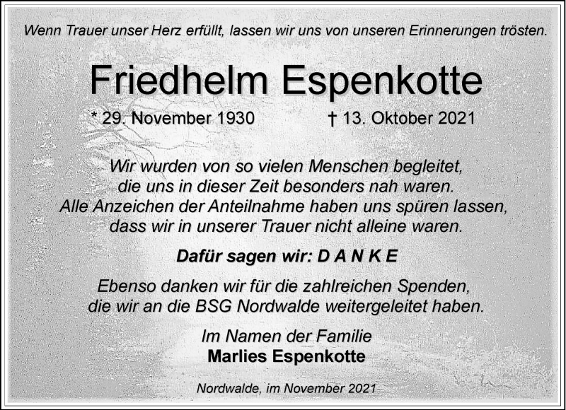  Traueranzeige für Friedhelm Espenkotte vom 27.11.2021 aus 