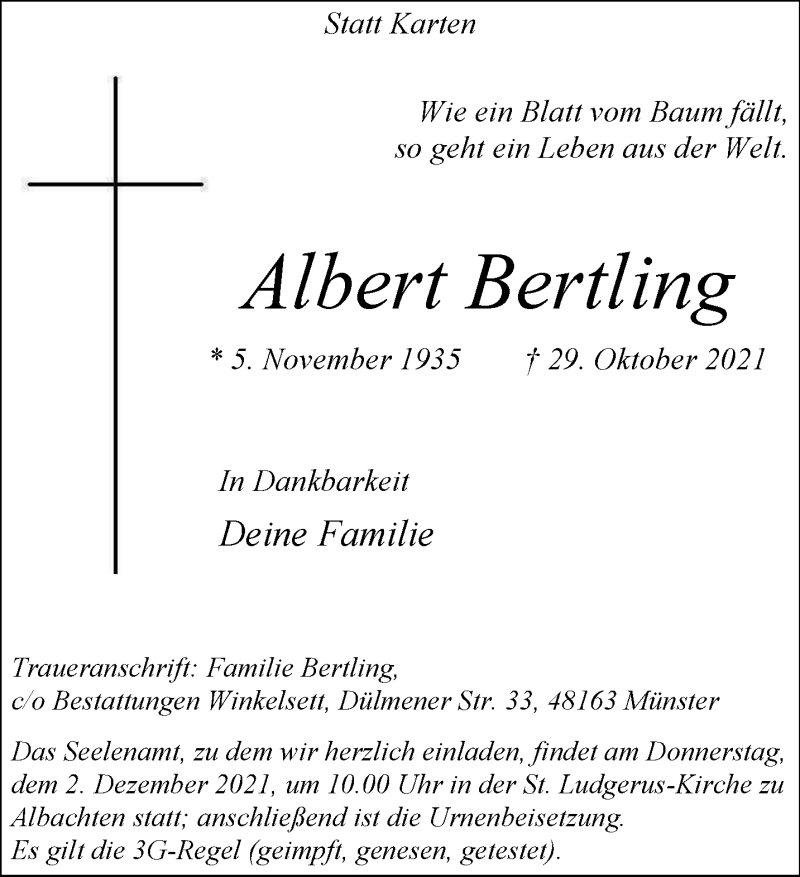  Traueranzeige für Albert Bertling vom 27.11.2021 aus 
