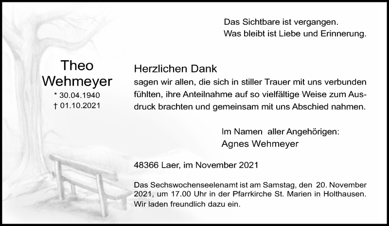  Traueranzeige für Theo Wehmeyer vom 17.11.2021 aus 