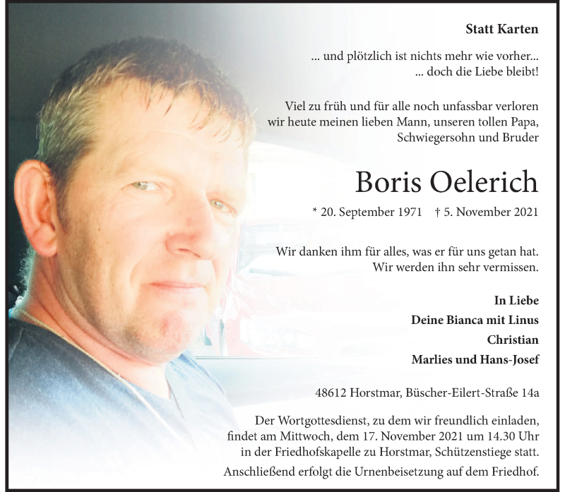  Traueranzeige für Boris Oelerich vom 13.11.2021 aus 
