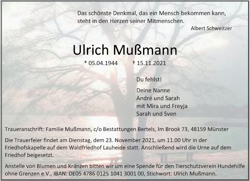  Traueranzeige für Ulrich Mußmann vom 20.11.2021 aus 