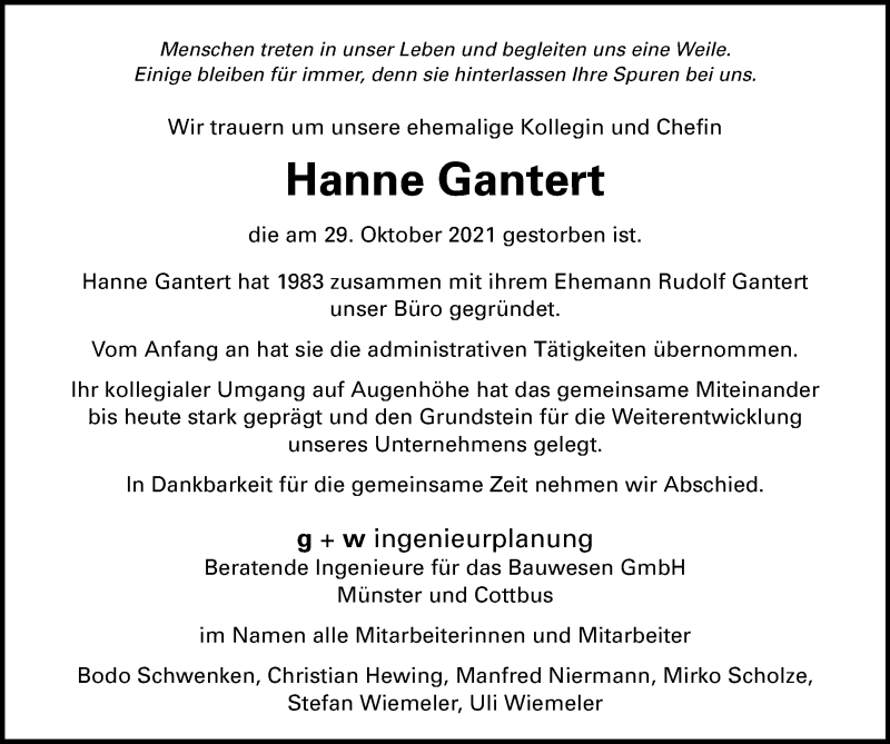  Traueranzeige für Hanne Gantert vom 06.11.2021 aus 