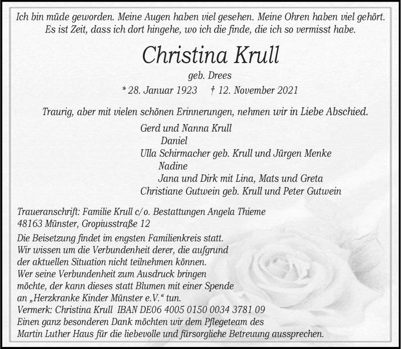  Traueranzeige für Christina Krull vom 20.11.2021 aus 