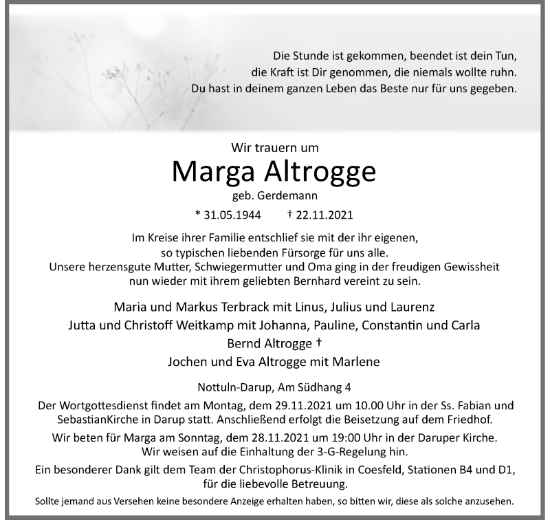  Traueranzeige für Marga Altrogge vom 25.11.2021 aus 