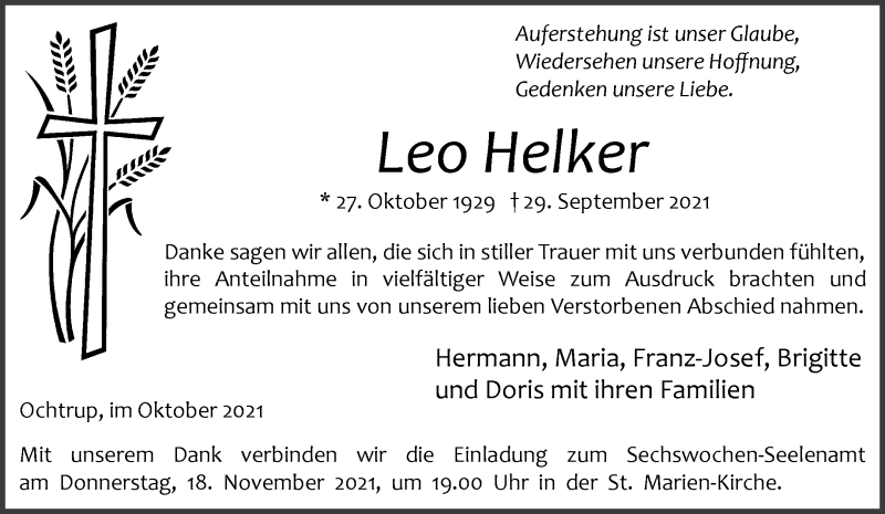  Traueranzeige für Leo Helker vom 13.11.2021 aus 
