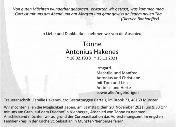 Anzeige von Tönne Antonius Hakenes 