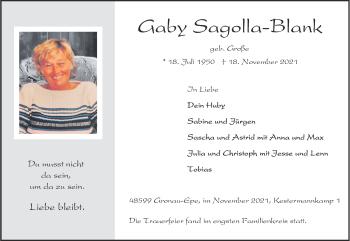 Anzeige von Gaby Sagolla-Blank 