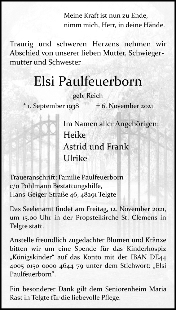  Traueranzeige für Elsi Paulfeuerborn vom 10.11.2021 aus 