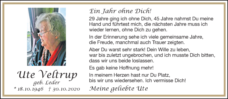  Traueranzeige für Ute Veltrup vom 30.10.2021 aus 