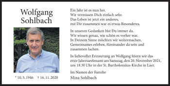 Anzeige von Wolfgang Sohlbach 