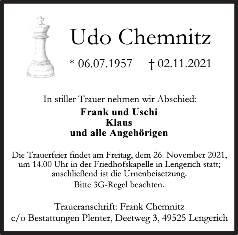  Traueranzeige für Udo Chemnitz vom 20.11.2021 aus 
