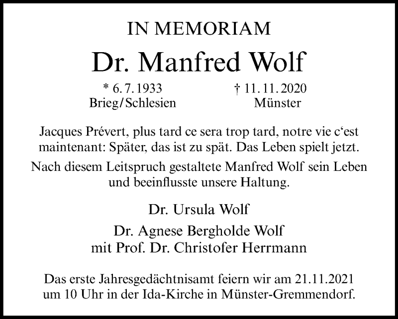  Traueranzeige für Manfred Wolf vom 13.11.2021 aus 