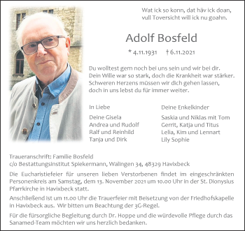 Anzeige von Adolf Bosfeld 
