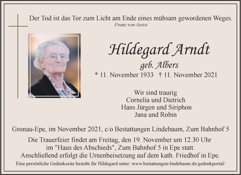  Traueranzeige für Hildegard Arndt vom 17.11.2021 aus 