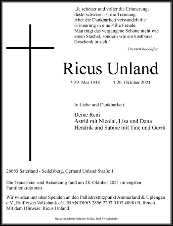 Anzeige von Ricus Unland 