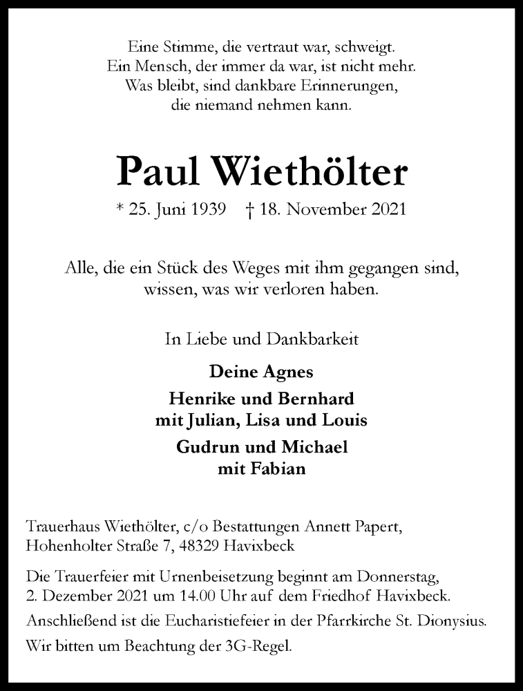  Traueranzeige für Paul Wiethölter vom 27.11.2021 aus 