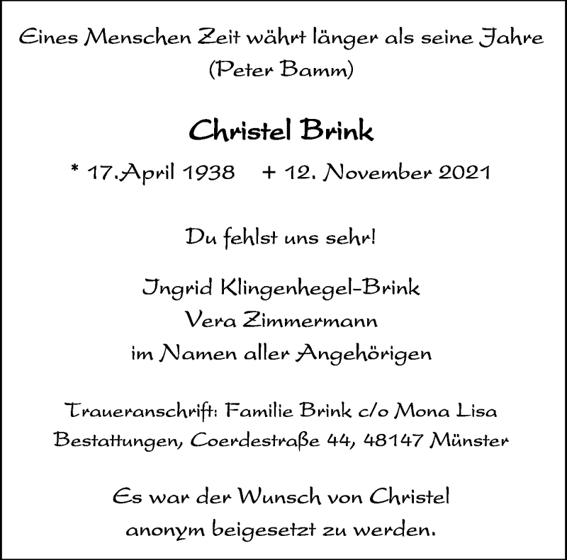  Traueranzeige für Christel Brink vom 20.11.2021 aus 