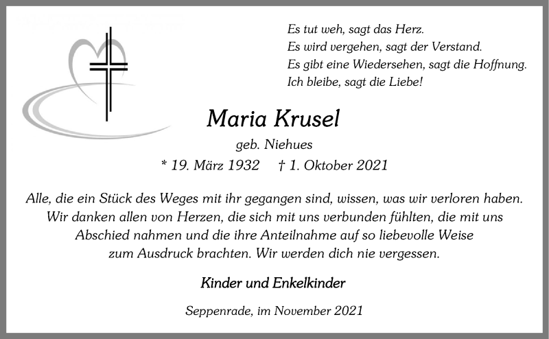  Traueranzeige für Maria Krusel vom 27.11.2021 aus 