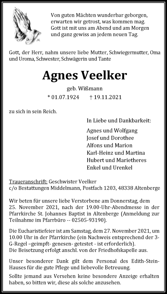  Traueranzeige für Agnes Veelker vom 24.11.2021 aus 
