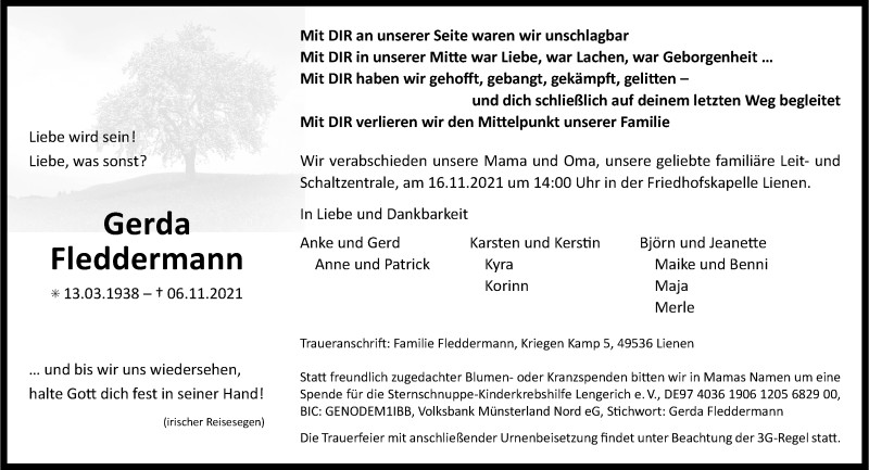  Traueranzeige für Gerda Fleddermann vom 13.11.2021 aus 