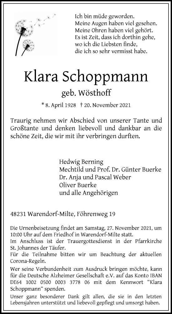  Traueranzeige für Klara Schoppmann vom 25.11.2021 aus 