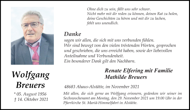  Traueranzeige für Wolfgang Breuers vom 25.11.2021 aus 