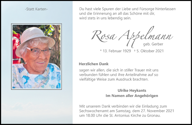  Traueranzeige für Rosa Appelmann vom 20.11.2021 aus 