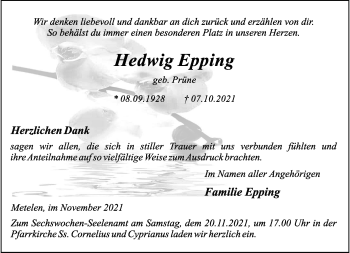 Anzeige von Hedwig Epping 
