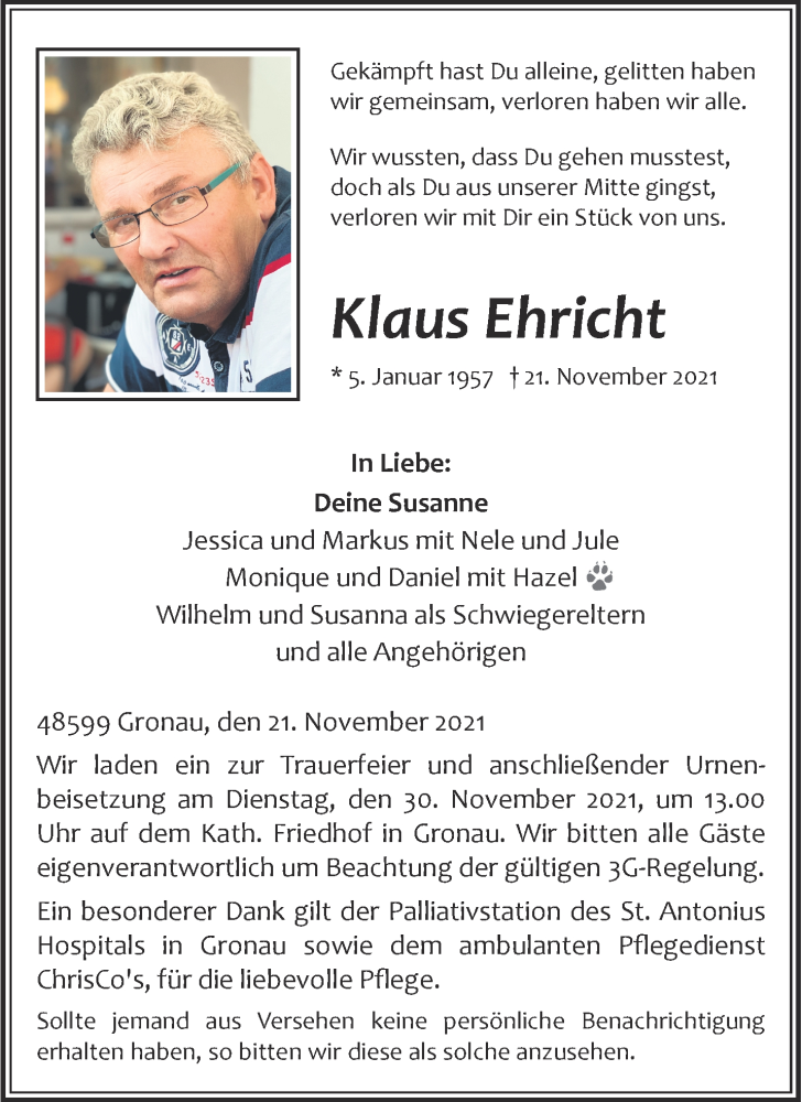  Traueranzeige für Klaus Ehricht vom 24.11.2021 aus 