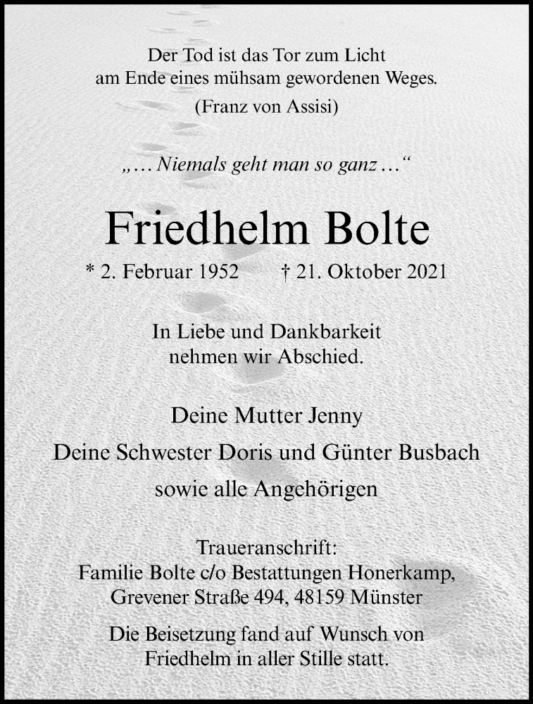  Traueranzeige für Friedhelm Bolte vom 13.11.2021 aus 