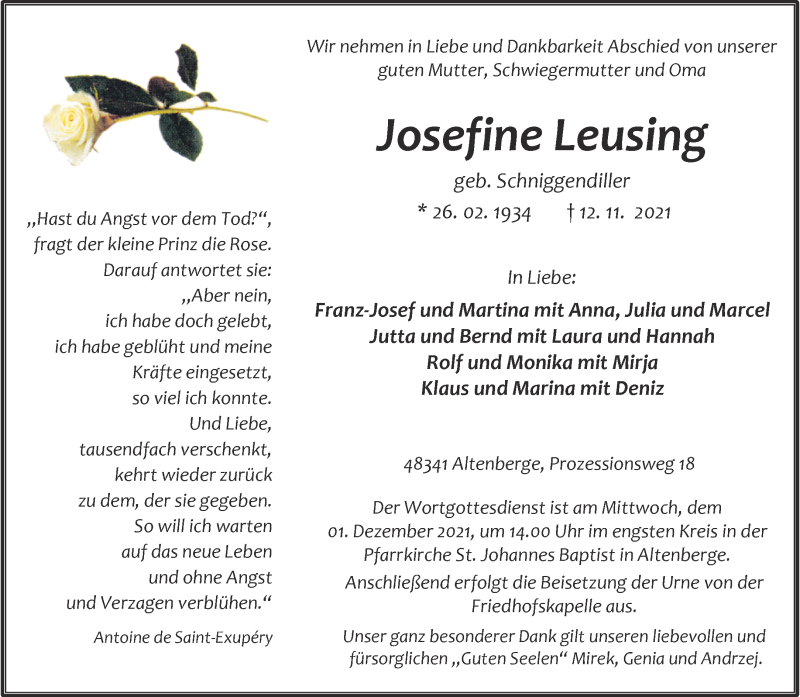  Traueranzeige für Josefine Leusing vom 27.11.2021 aus 