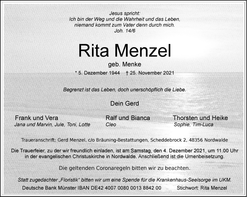  Traueranzeige für Rita Menzel vom 29.11.2021 aus 