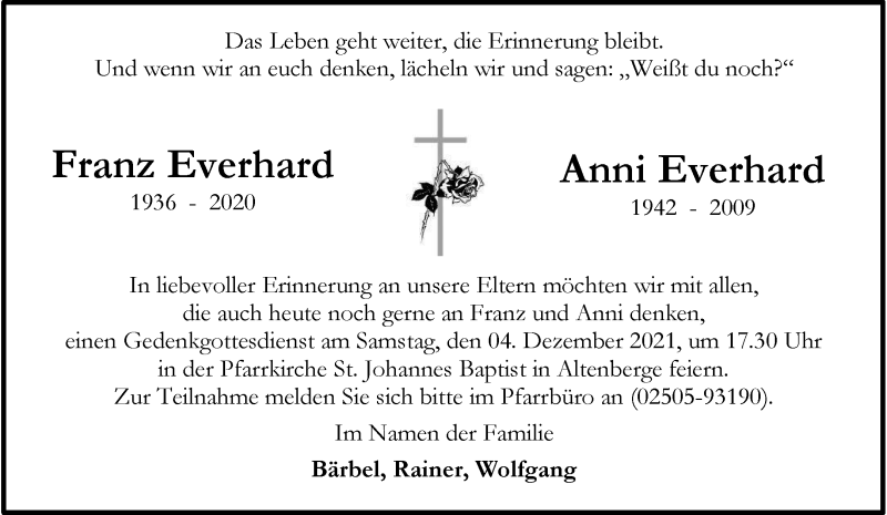 Traueranzeige für Anni Everhard vom 27.11.2021 aus 