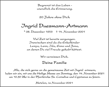 Anzeige von Ingrid Duesmann-Artmann 