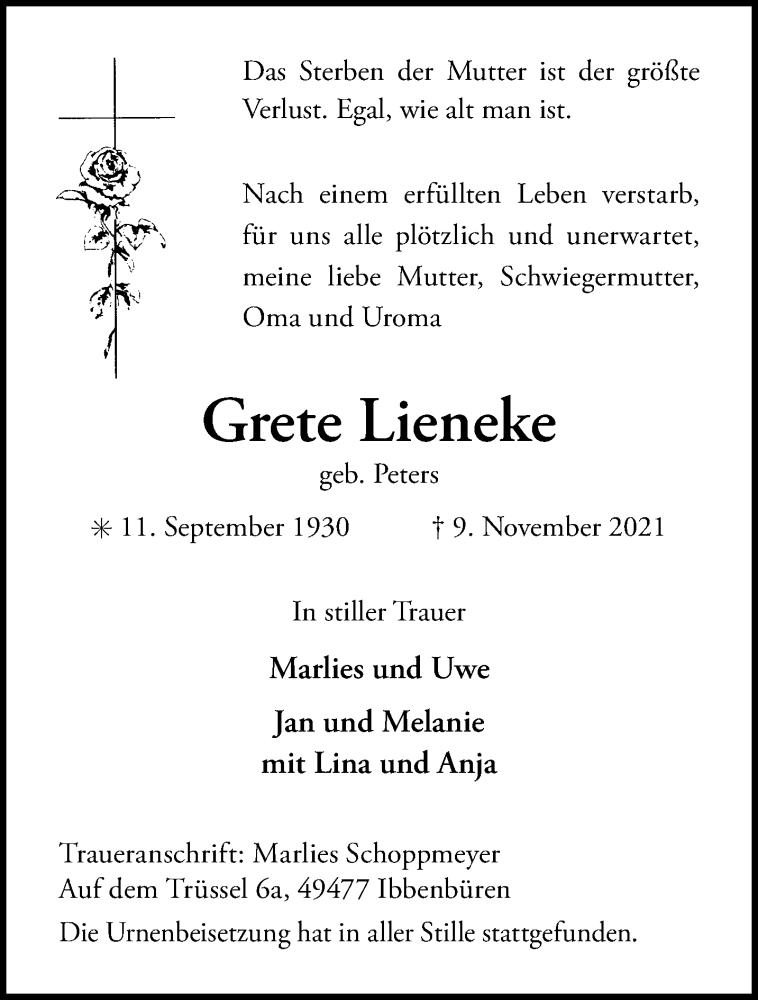  Traueranzeige für Grete Lieneke vom 27.11.2021 aus 