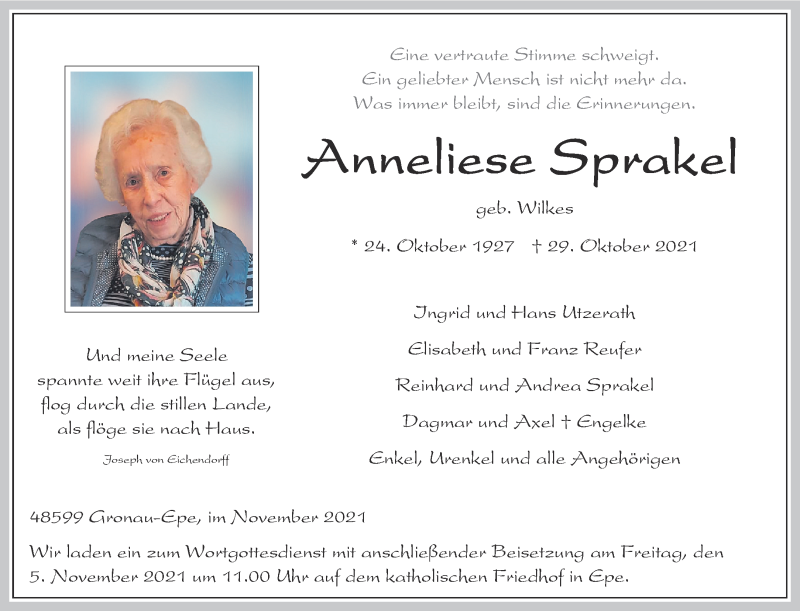  Traueranzeige für Anneliese Sprakel vom 03.11.2021 aus 