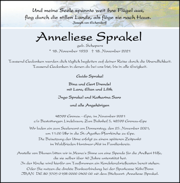 Anzeige von Anneliese Sprakel 