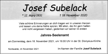 Anzeige von Josef Subelack 