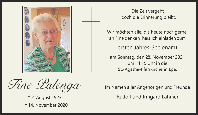  Traueranzeige für Fine Palenga vom 20.11.2021 aus 