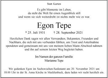 Anzeige von Egon Tepe 