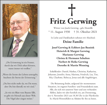 Anzeige von Fritz Gerwing 