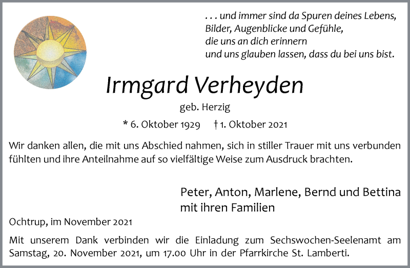  Traueranzeige für Irmgard Verheyden vom 17.11.2021 aus 