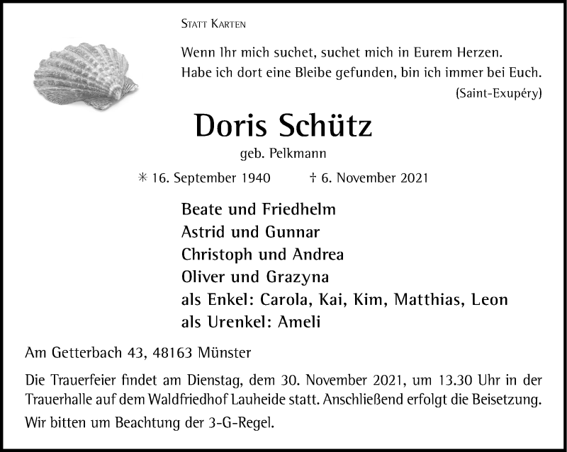  Traueranzeige für Doris Schütz vom 20.11.2021 aus 