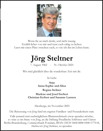 Anzeige von Jörg Steltner 