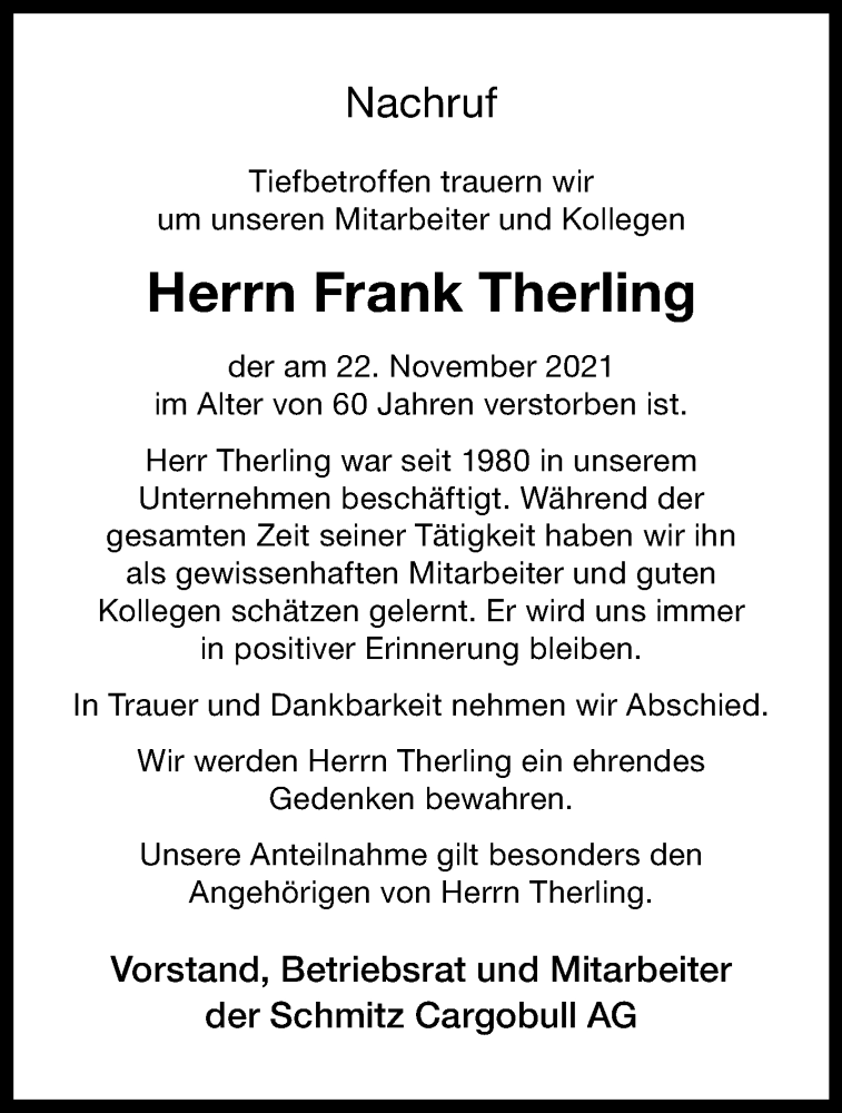  Traueranzeige für Frank Therling vom 30.11.2021 aus 