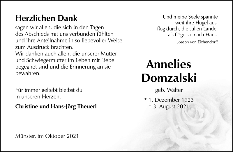  Traueranzeige für Annelies Domzalski vom 09.10.2021 aus 
